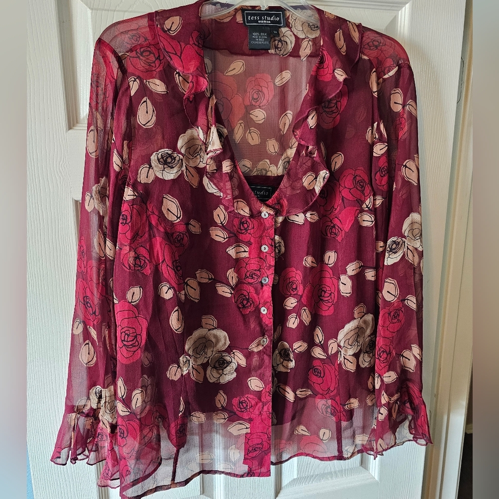 3XL tess studio Maroon Silk Blouse w Camisole